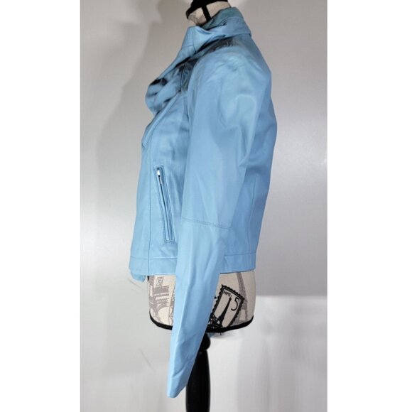 VEDA Asymmetrical Zip Leather Moto Jacket, Sky Blue, Women’s Size Medium - Picture 4 of 13